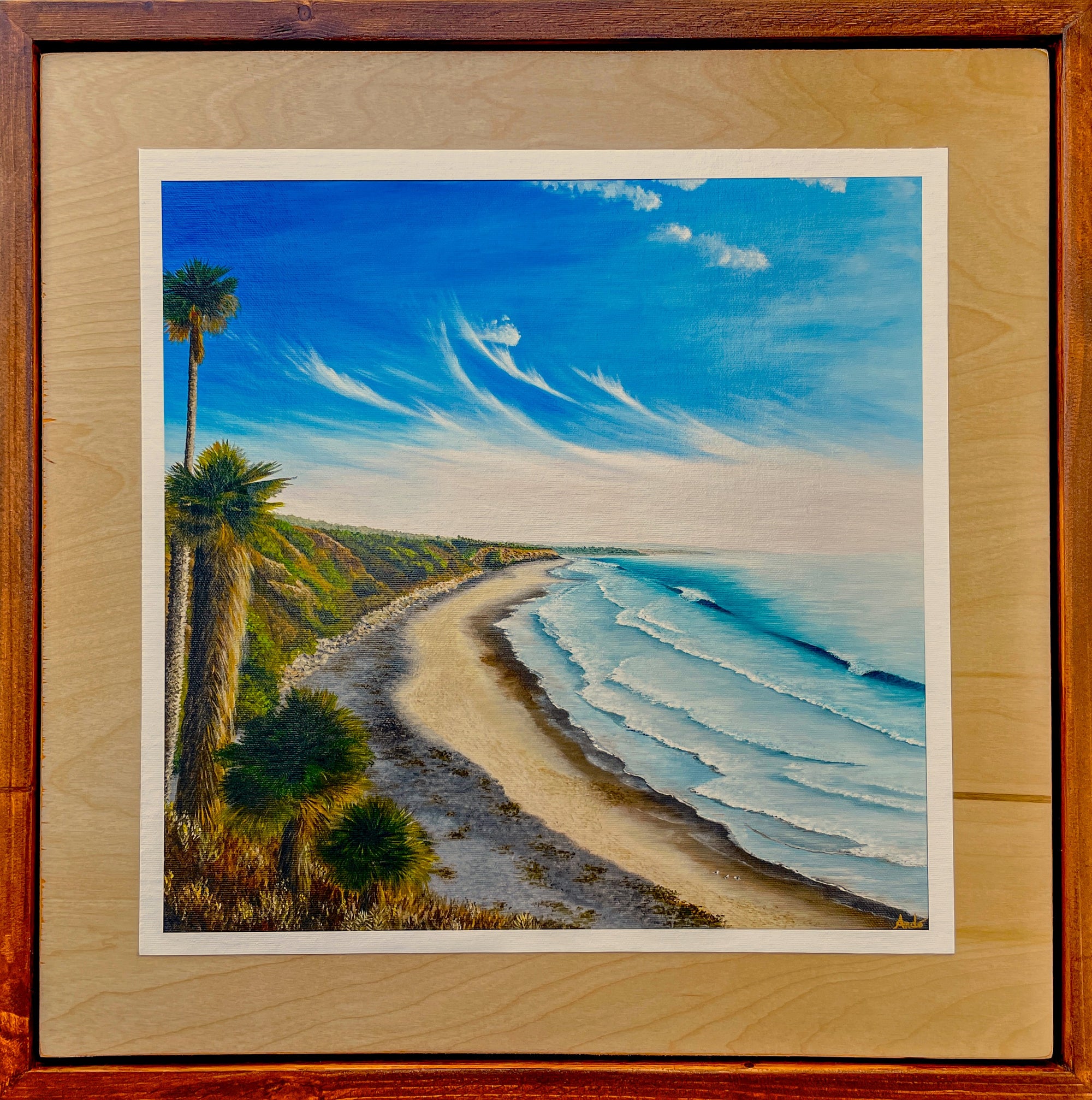 Day's End at Swamis. Print mounted on bamboo with custom wood frame