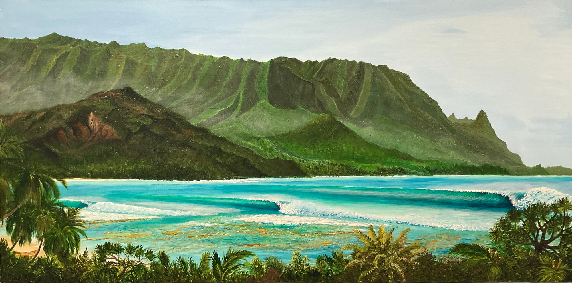 Hanalei Bay -  Giclee canvas print mounted on bamboo with custom wood frame